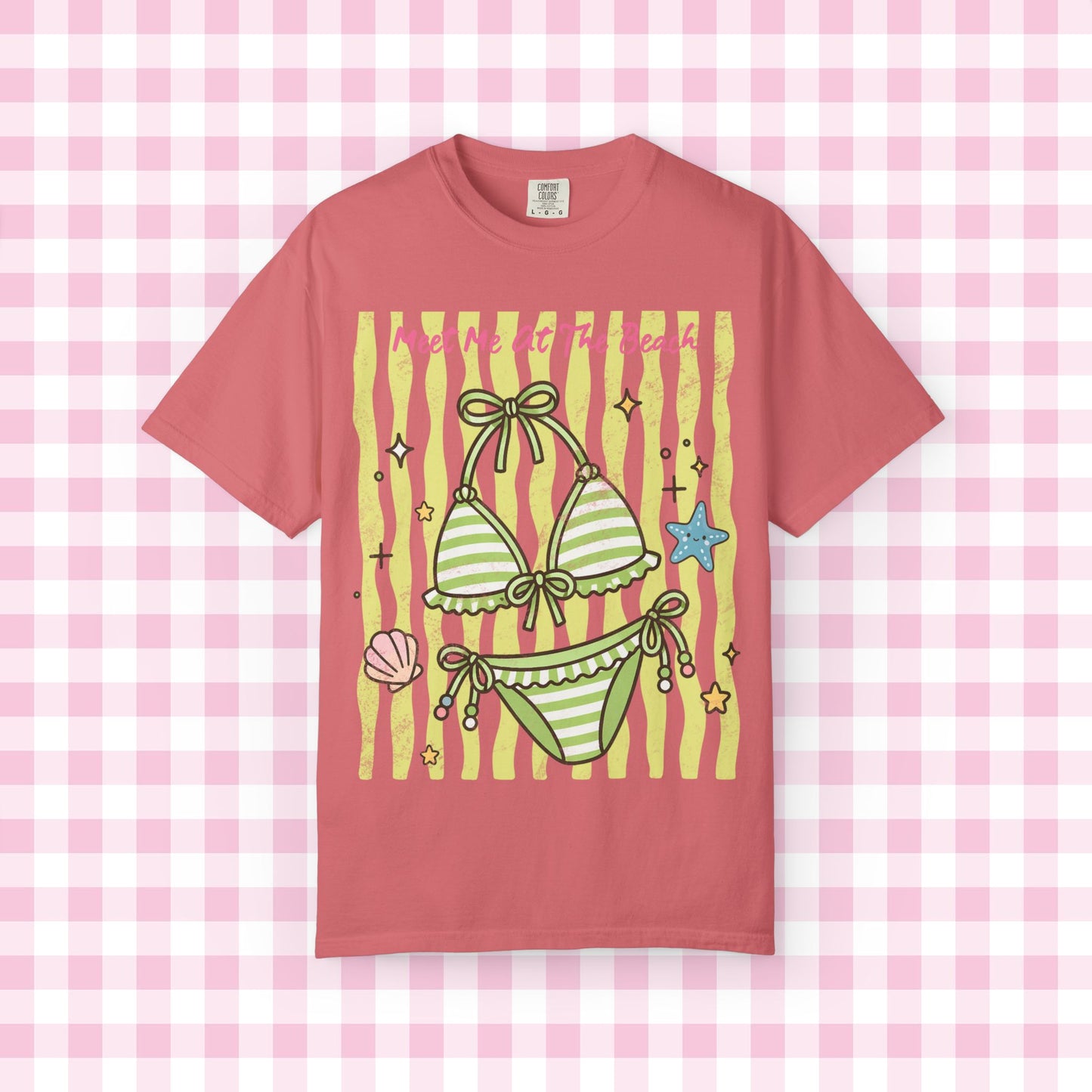 Green Striped Bikini Illustration T-shirt | Beach Vibe Summer Graphic Tee