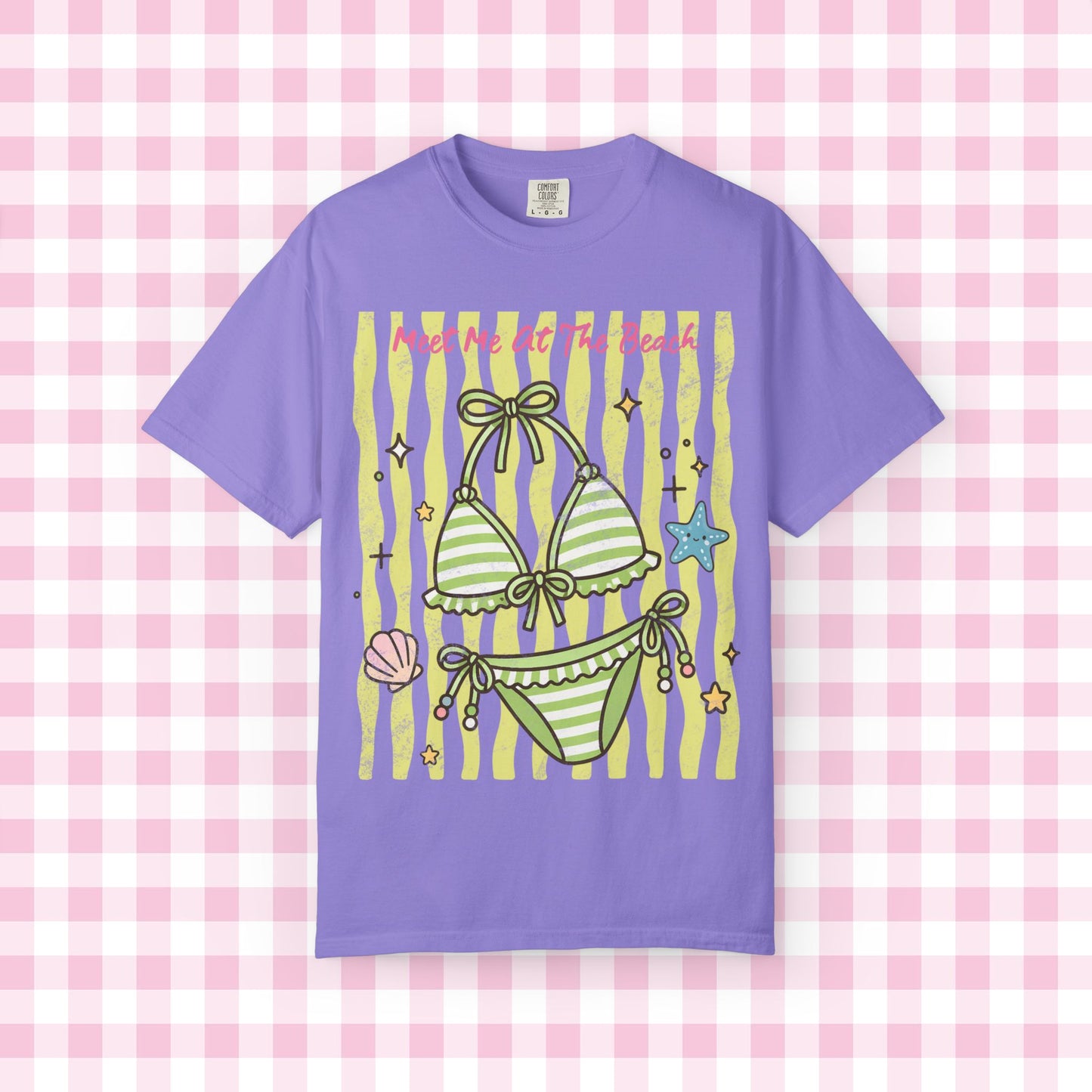 Green Striped Bikini Illustration T-shirt | Beach Vibe Summer Graphic Tee