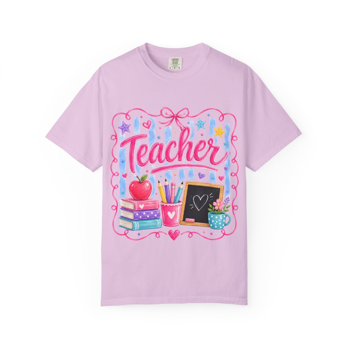Teacher T-Shirt — Colorful Classroom Design with Books, Apple & Chalkboard