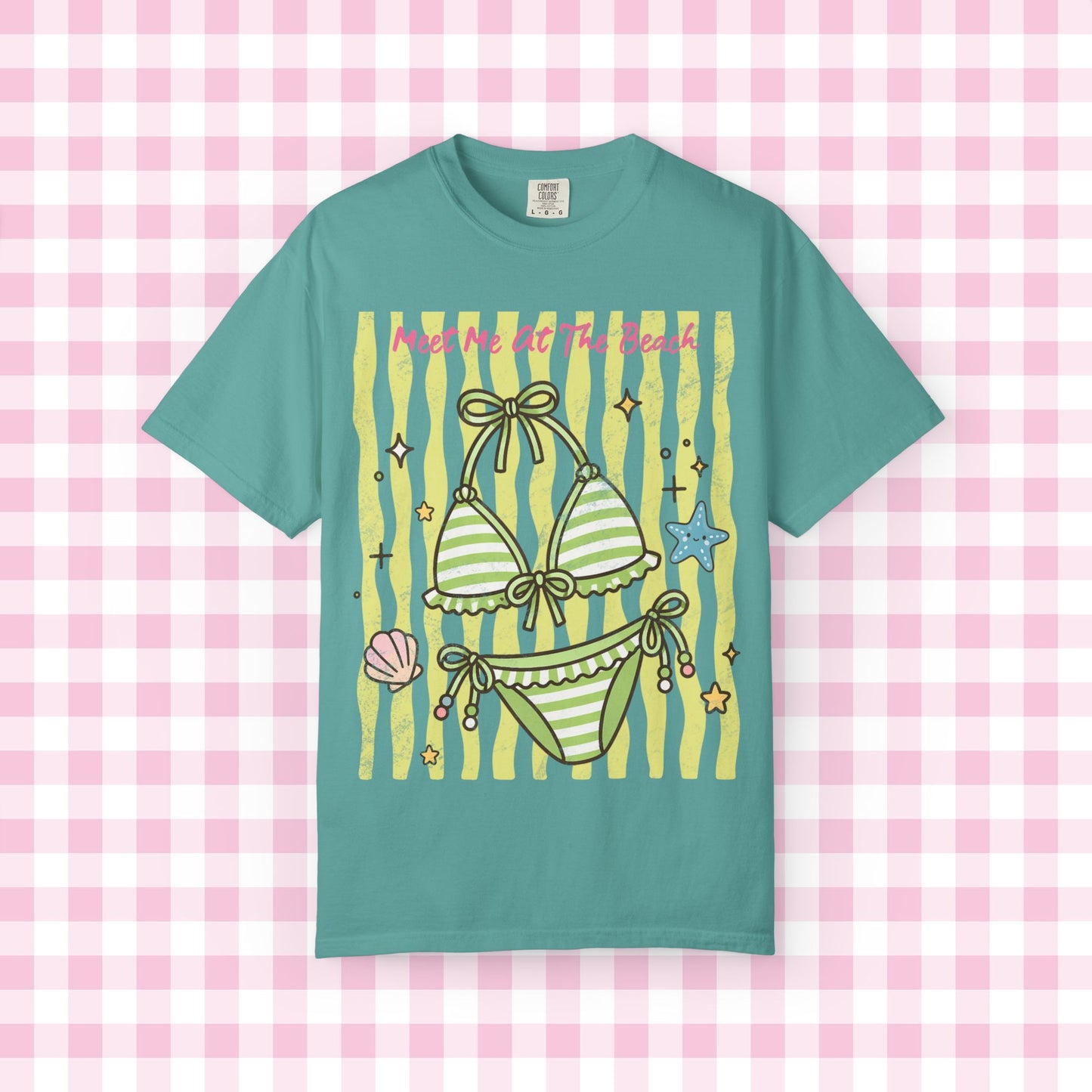Green Striped Bikini Illustration T-shirt | Beach Vibe Summer Graphic Tee