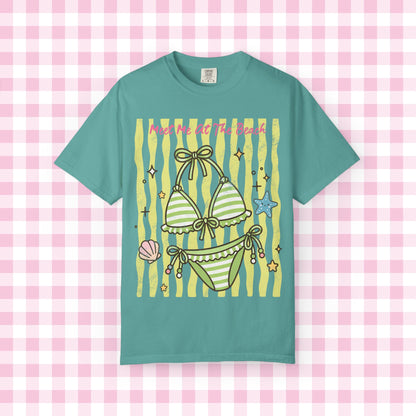 Green Striped Bikini Illustration T-shirt | Beach Vibe Summer Graphic Tee