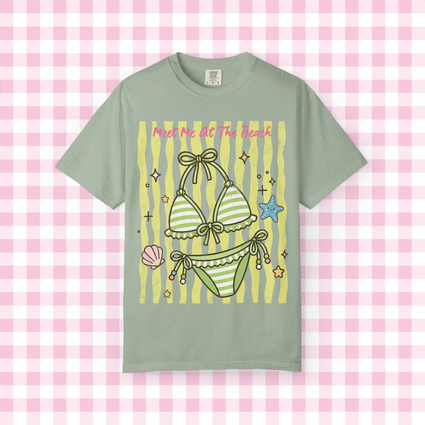 Green Striped Bikini Illustration T-shirt | Beach Vibe Summer Graphic Tee