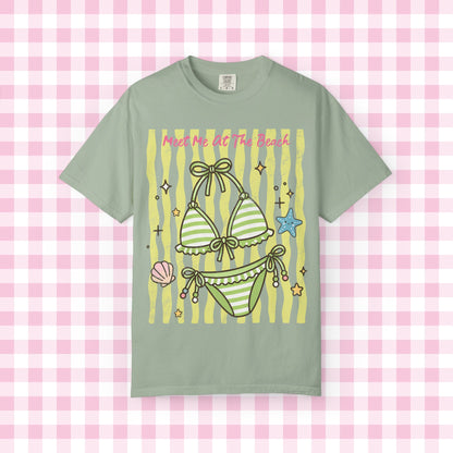 Green Striped Bikini Illustration T-shirt | Beach Vibe Summer Graphic Tee