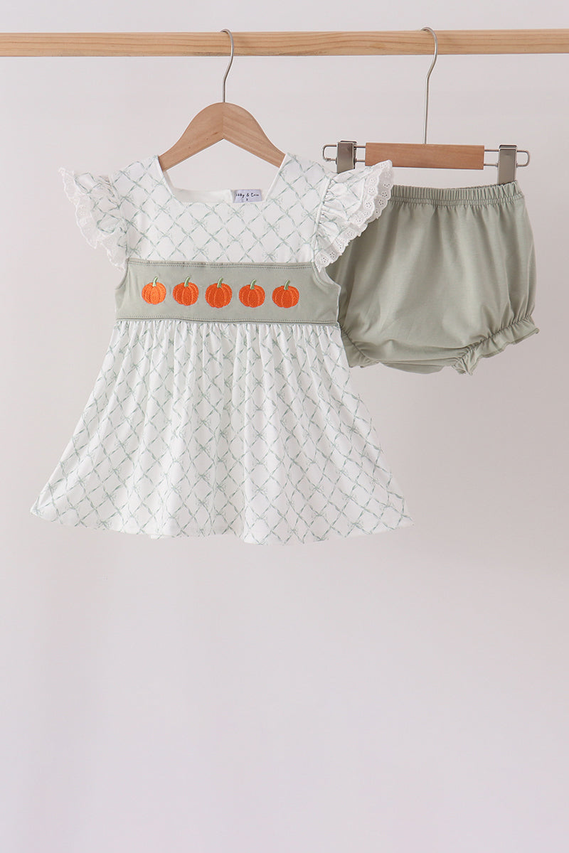 Sage pumpkin embroidery bow ruffle bloomer set