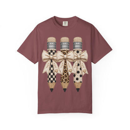 Pencil Trio Graphic T-Shirt — Leopard & Checker Pattern Back-to-School Tee