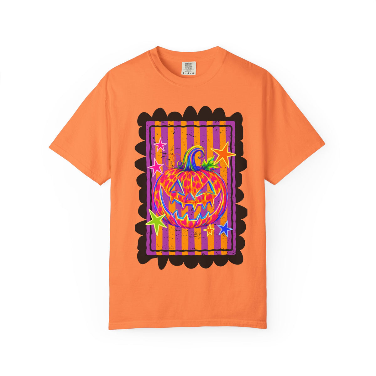 Neon Pop Jack-o'-Lantern Pumpkin T-Shirt | Retro Striped Halloween Art