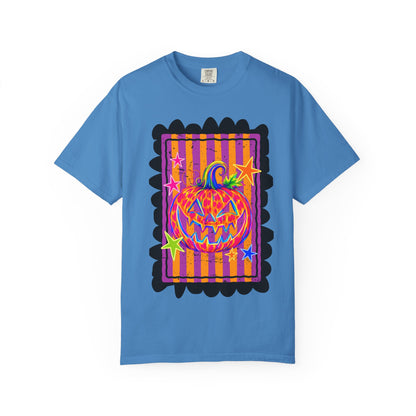 Neon Pop Jack-o'-Lantern Pumpkin T-Shirt | Retro Striped Halloween Art