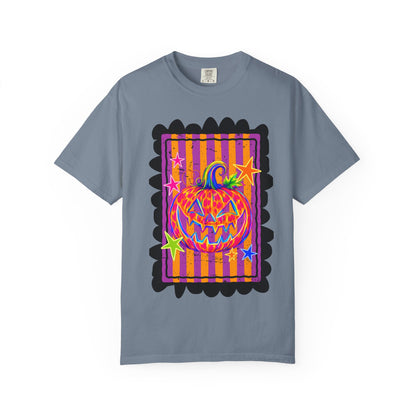 Neon Pop Jack-o'-Lantern Pumpkin T-Shirt | Retro Striped Halloween Art