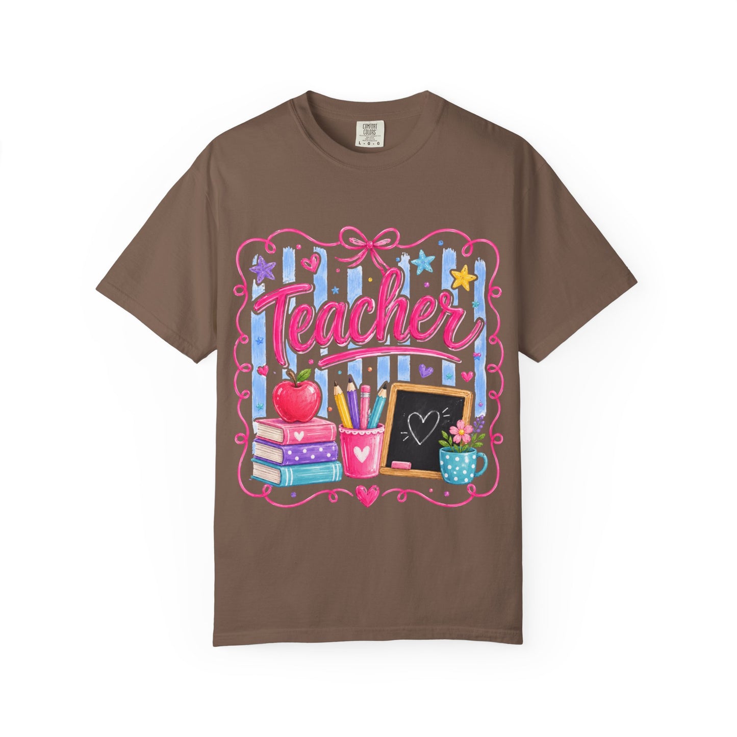 Teacher T-Shirt — Colorful Classroom Design with Books, Apple & Chalkboard