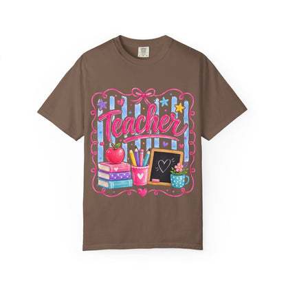 Teacher T-Shirt — Colorful Classroom Design with Books, Apple & Chalkboard