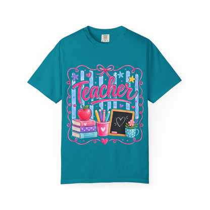 Teacher T-Shirt — Colorful Classroom Design with Books, Apple & Chalkboard