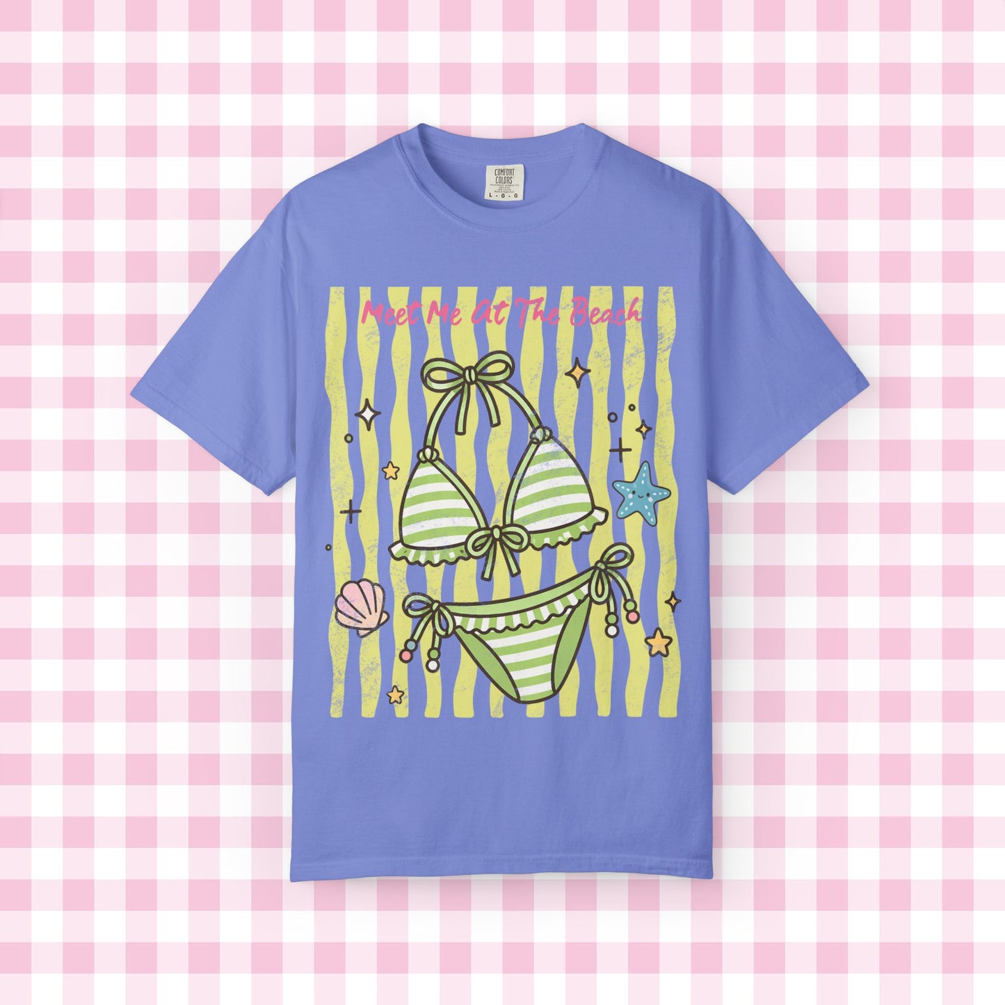 Green Striped Bikini Illustration T-shirt | Beach Vibe Summer Graphic Tee