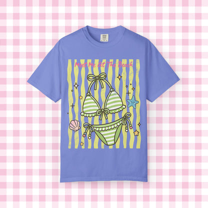 Green Striped Bikini Illustration T-shirt | Beach Vibe Summer Graphic Tee