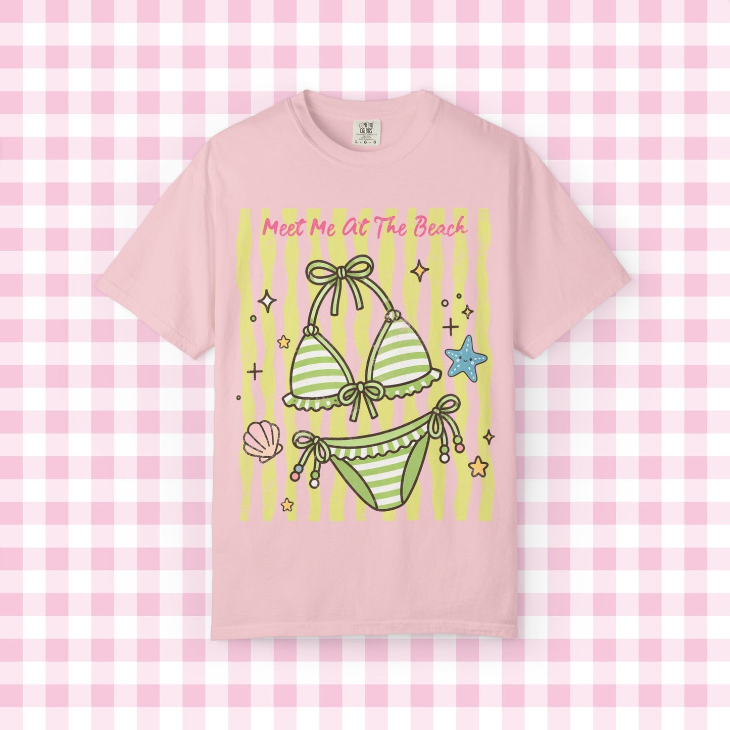 Green Striped Bikini Illustration T-shirt | Beach Vibe Summer Graphic Tee