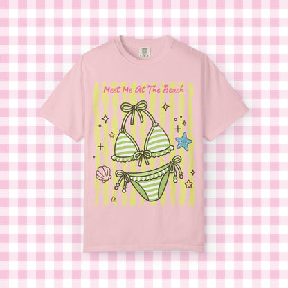 Green Striped Bikini Illustration T-shirt | Beach Vibe Summer Graphic Tee