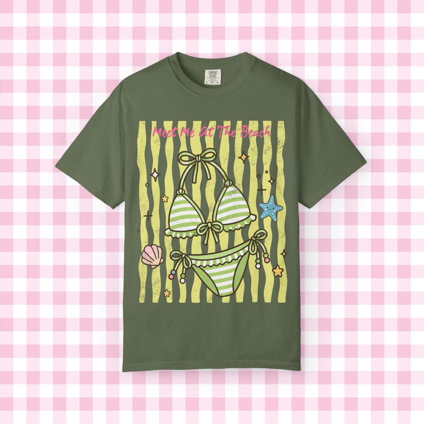 Green Striped Bikini Illustration T-shirt | Beach Vibe Summer Graphic Tee