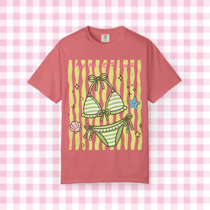 Green Striped Bikini Illustration T-shirt | Beach Vibe Summer Graphic Tee
