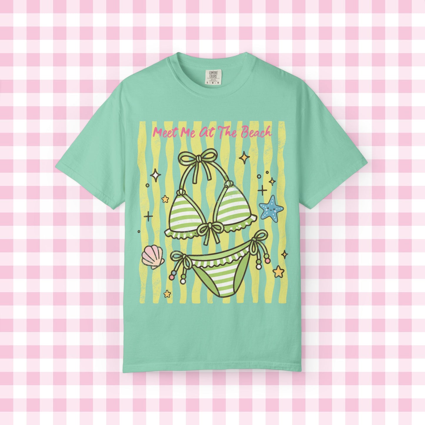 Green Striped Bikini Illustration T-shirt | Beach Vibe Summer Graphic Tee