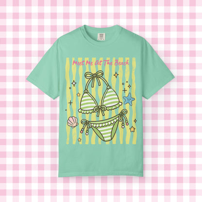Green Striped Bikini Illustration T-shirt | Beach Vibe Summer Graphic Tee