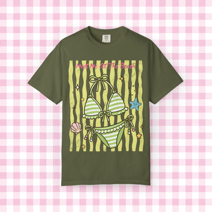 Green Striped Bikini Illustration T-shirt | Beach Vibe Summer Graphic Tee