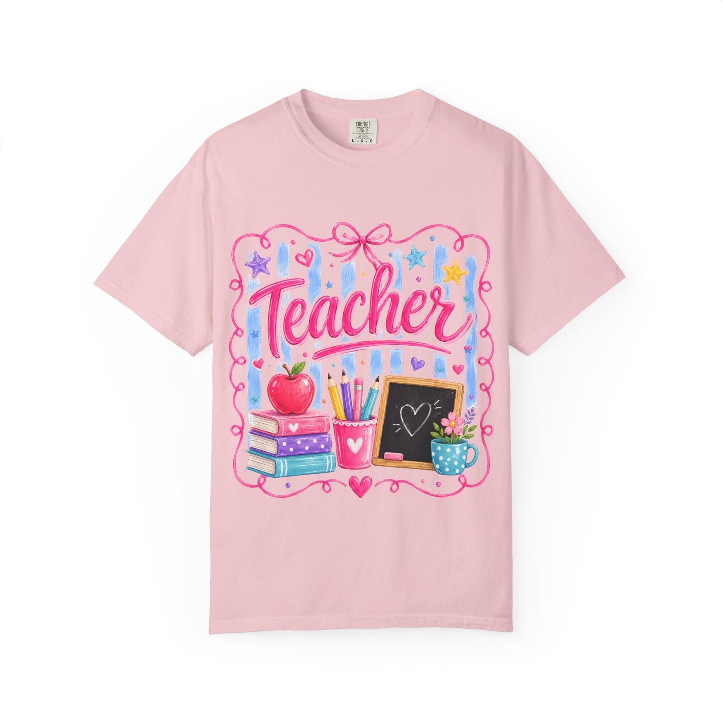 Teacher T-Shirt — Colorful Classroom Design with Books, Apple & Chalkboard