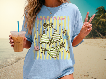 Green Striped Bikini Illustration T-shirt | Beach Vibe Summer Graphic Tee