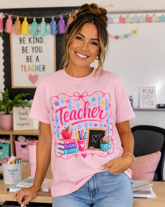 Teacher T-Shirt — Colorful Classroom Design with Books, Apple & Chalkboard