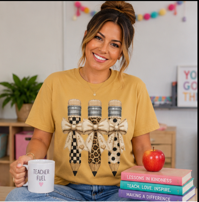 Pencil Trio Graphic T-Shirt — Leopard & Checker Pattern Back-to-School Tee