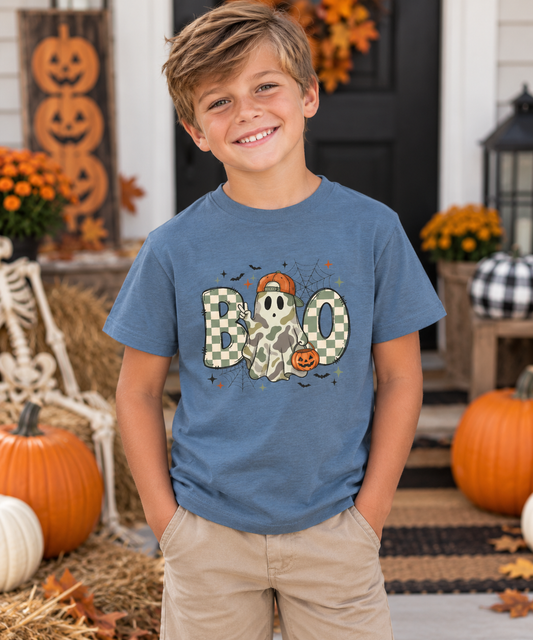Checkerboard Boo Ghost Youth Tee | Halloween pumpkin, bats