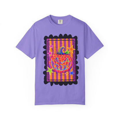 Neon Pop Jack-o'-Lantern Pumpkin T-Shirt | Retro Striped Halloween Art