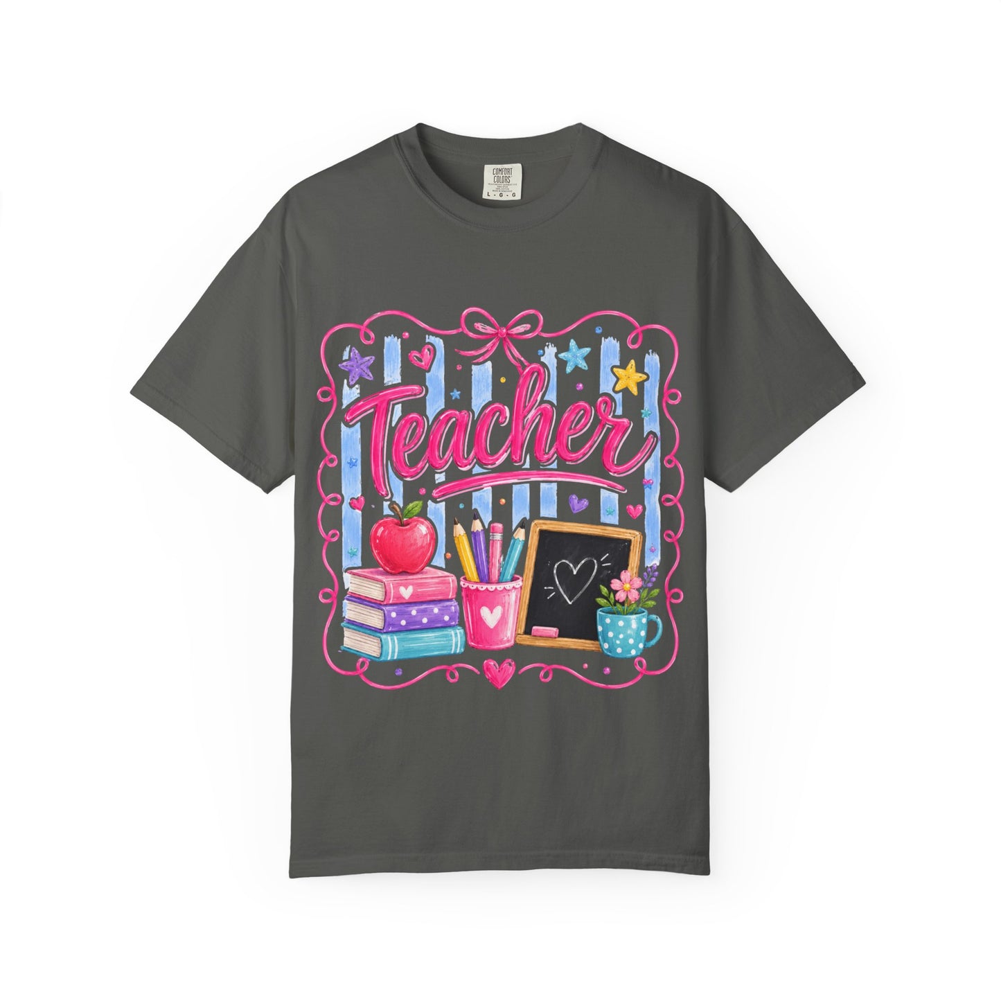 Teacher T-Shirt — Colorful Classroom Design with Books, Apple & Chalkboard