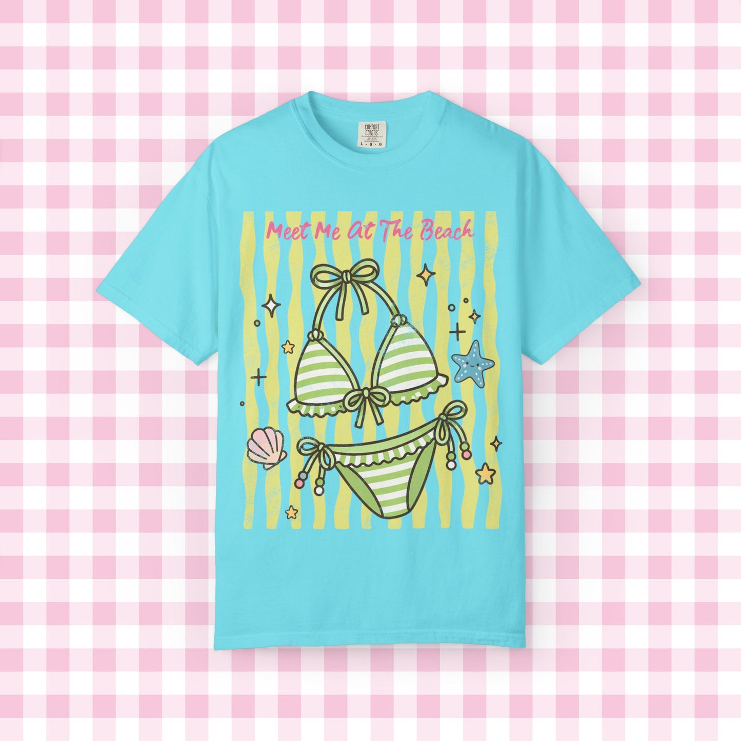 Green Striped Bikini Illustration T-shirt | Beach Vibe Summer Graphic Tee