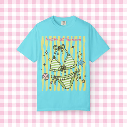 Green Striped Bikini Illustration T-shirt | Beach Vibe Summer Graphic Tee