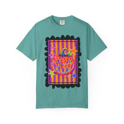 Neon Pop Jack-o'-Lantern Pumpkin T-Shirt | Retro Striped Halloween Art
