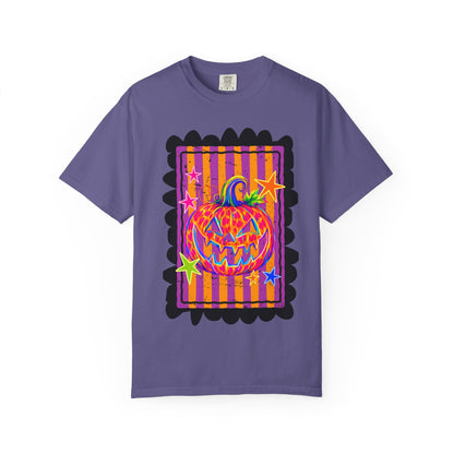 Neon Pop Jack-o'-Lantern Pumpkin T-Shirt | Retro Striped Halloween Art