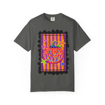 Neon Pop Jack-o'-Lantern Pumpkin T-Shirt | Retro Striped Halloween Art