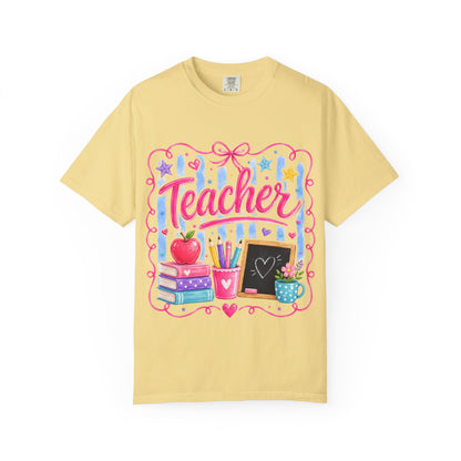 Teacher T-Shirt — Colorful Classroom Design with Books, Apple & Chalkboard