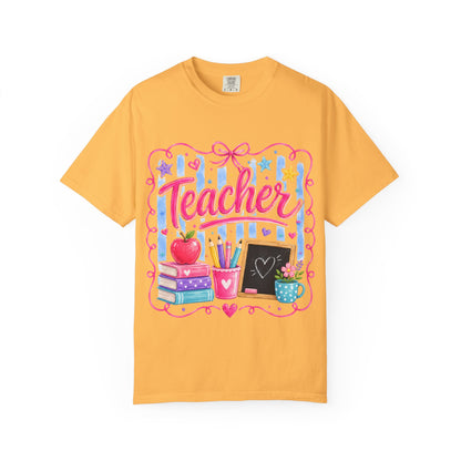 Teacher T-Shirt — Colorful Classroom Design with Books, Apple & Chalkboard