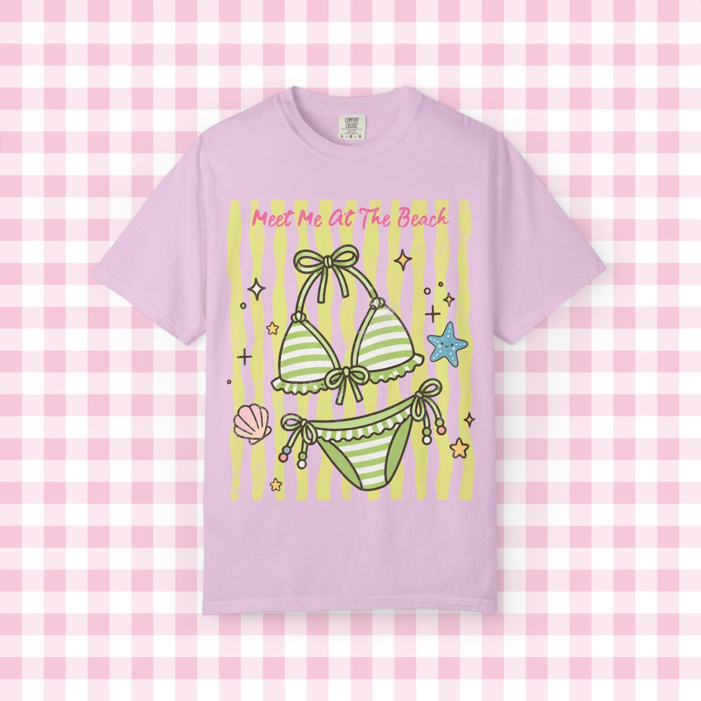 Green Striped Bikini Illustration T-shirt | Beach Vibe Summer Graphic Tee