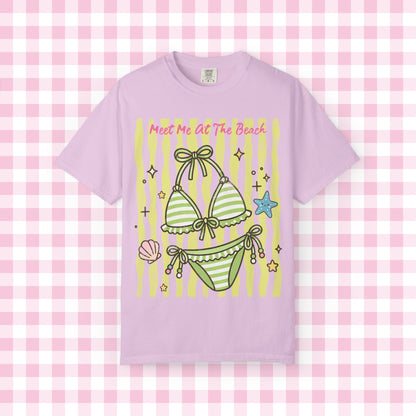 Green Striped Bikini Illustration T-shirt | Beach Vibe Summer Graphic Tee