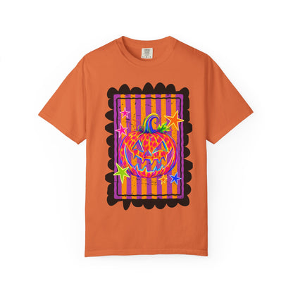 Neon Pop Jack-o'-Lantern Pumpkin T-Shirt | Retro Striped Halloween Art
