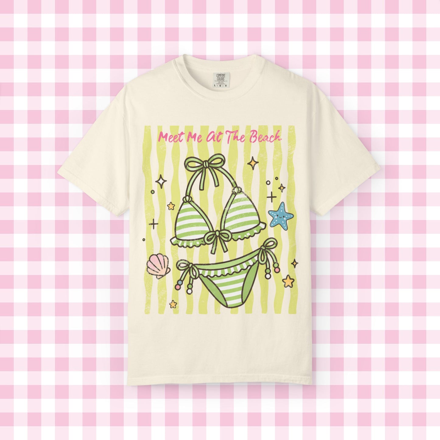 Green Striped Bikini Illustration T-shirt | Beach Vibe Summer Graphic Tee