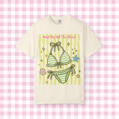 Green Striped Bikini Illustration T-shirt | Beach Vibe Summer Graphic Tee