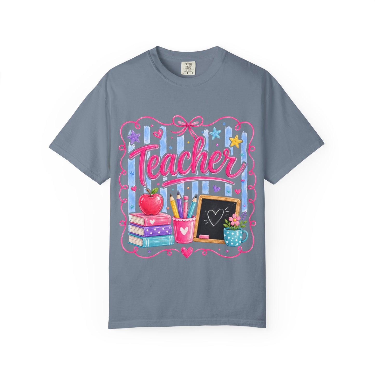 Teacher T-Shirt — Colorful Classroom Design with Books, Apple & Chalkboard