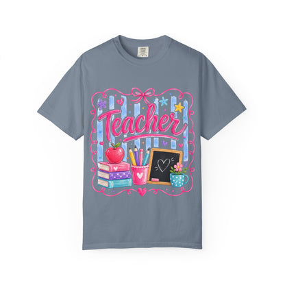 Teacher T-Shirt — Colorful Classroom Design with Books, Apple & Chalkboard