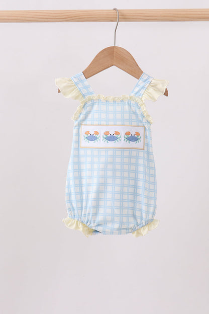 Yellow crab smocked gingham ruffle bubble
