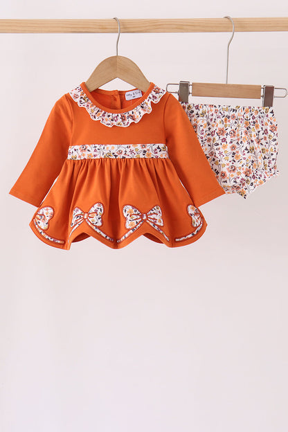 Orange Floral Bow Ruffle Bloomer Set
