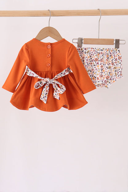 Orange Floral Bow Ruffle Bloomer Set