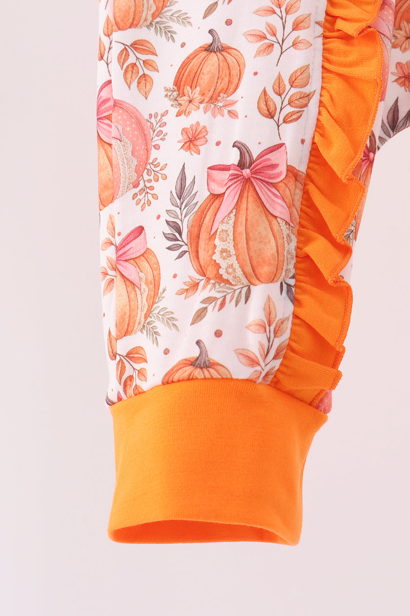 Orange Pumpkin Print Ruffle Romper