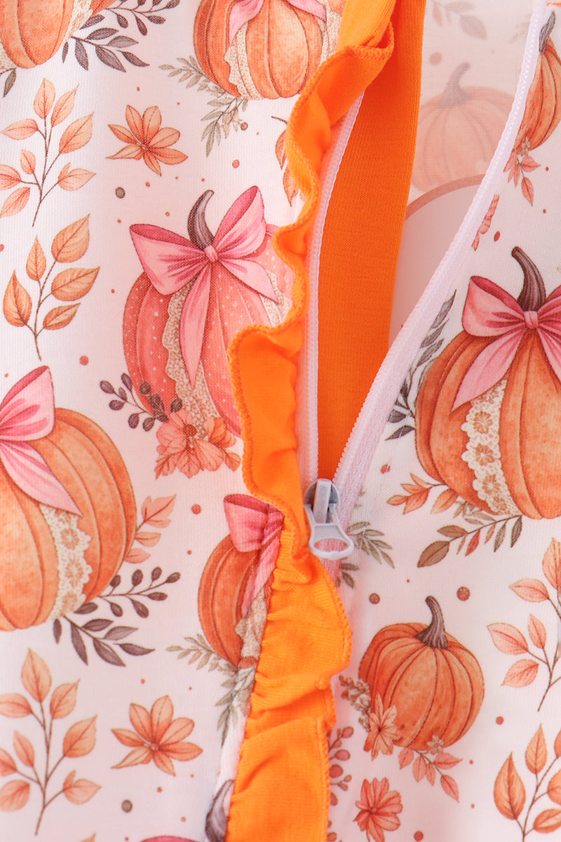 Orange Pumpkin Print Ruffle Romper